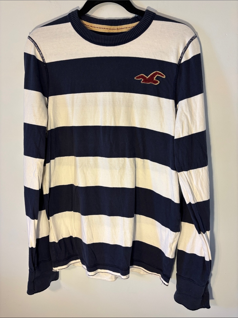 Hollister Men’s Navy and White Wide-Striped Crewneck Sweater with Red Logo